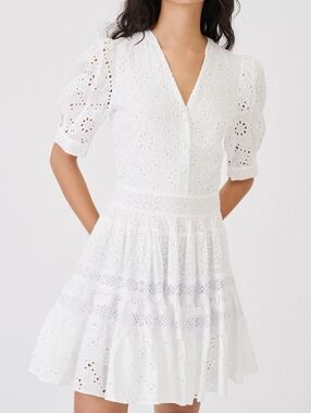 Maje White Eyelet V-Neck Short Dress